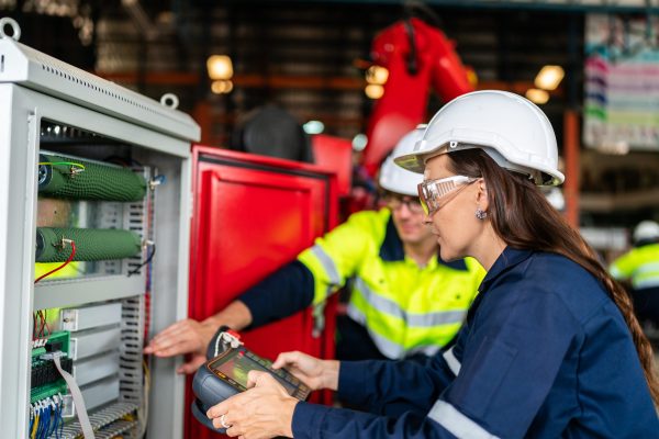 Professional engineer holding robot controller checking and repairing automatic robotic machine at industrial factory, Technician worker working with robotic arm system for manufacturing production